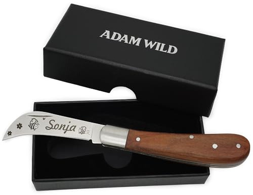 ADAM WILD Gartenmesser mit Gravur | Geschenke für Gärtner & Gartenliebhaber | Personalisiert für Hobbygärtner | gebogene Hippe-Klinge aus Edelstahl | zum Kräuter-, Blumenschnitt & Ernten | Gartenwerkzeug