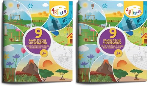 Artista 9315252 Stickerbuch Fantastische Stickerwelten, 9 Themenwelten zum Bekleben und Ausmalen, Stickeralbum mit 18 leeren beschichteten Seiten, wiederverwendbar (Packung mit 2)