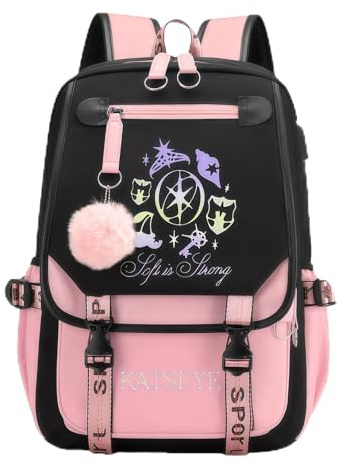 Nhemeylp Kpop Pink Black Backpack for School, Large K pop Rucksack with USB and Audio Cable, Lightweight Casual School Bag for Vacation Travel, Kpop Backpack for Girls Boys Fans