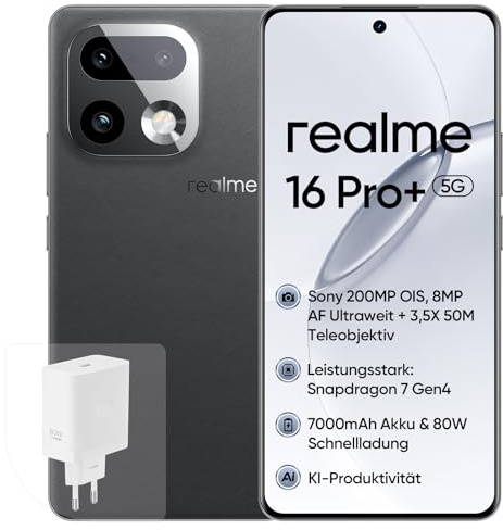 realme 16 Pro+ 5G Smartphone, 8+256GB, Appareil Photo 200MP OIS, Objectif Portrait 50MP, Batterie 7000mAh, Écran Courbe 6,8 144Hz, Charge 80W, Fonctions IA, Double SIM, Gris (avec Adaptateur)