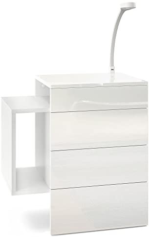 Vladon Nachttisch Queens, Made in Germany, Nachttischschrank mit 2 Schubladen und 1 seitlichem Fach zur Wandmontage, Weiß matt/Weiß Hochglanz, inkl. LED Flexi Lampe weiß (60 x 63 x 36 cm)