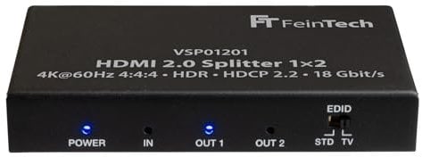 FeinTech VSP01201 HDMI 2.0 Splitter 1 auf 2 Verteiler Ultra-HD 4K@60Hz YUV 4:4:4 HDR HDCP 2.2 EDID 18 Gbps