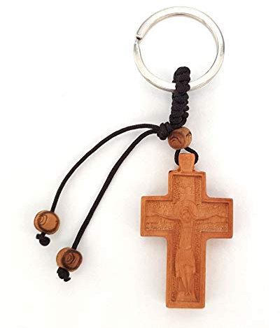 IconsGr zweiseitiger christlich-orthodoxer griechischer religiöser Schlüsselanhänger mit Kreuz aus Holz und Metall