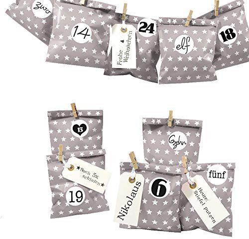Frau WUNDERVoll® DIY Adventskalender zum Befüllen Bescherung: Set Stern 119, Papiertueten flach 13x16,5cm, Taupe Stern, Ziffern schwarz-weiß