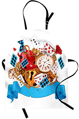 ABAKUHAUS Alice im Wunderland Kochschürze, Mad Design Von Karten Uhren Teekannen Schlüssel Blumen Fantasy Artwork, Höhenverstellbar Klare Farben ohne verblassen, Aqua Weiß