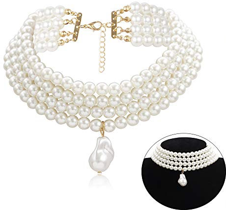 Daimay Hochzeitssuite Perlen Choker Halsband Halskette 4 Reihe Halsreif Simulierten Perle Rhodiniert Eleganz Aussage Charme 1920s Damen Halskette Multi Schichte Choker Kette-Runden