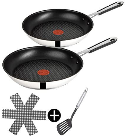 Tefal E30 Jamie Oliver Pfannenset Induktion 4 tlg -SET7- kleine Pfanne 20 cm + Bratpfanne gross 28 cm, Antihaft-beschichtet, FÜR KLEINE HAUSHALTE, inkl Wender + Schoner, Silber