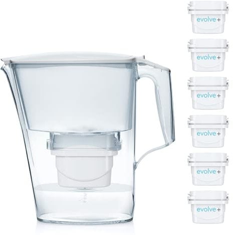 Aqua Optima Liscia 2,5 Liter Wasserfilterkrug, Mit 6 x 30 Tage Evolve+ Wasserfilterkartuschen (6 Monate Vorrat), Mit Fast Flow 5-Stufen-Filtrationstechnologie