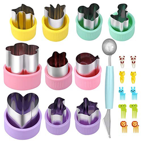 21Pcs Emporte-pièce Légumes, Mini Emporte-pièce Fruits en Acier Inoxydable, Moule en Forme d'animaux pour Gâteaux Biscuits Sushi, Coupe-Légumes Ensemble avec 1Coupe-Melon Double Usage + 10Cure-Dents