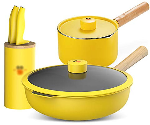 Antiadhésif Prime Batterie de cuisine avec ensemble de couteaux, Ensemble de casseroles et casseroles de cuisine avec surface ultra antiadhésive à triple revêtement,Jaune
