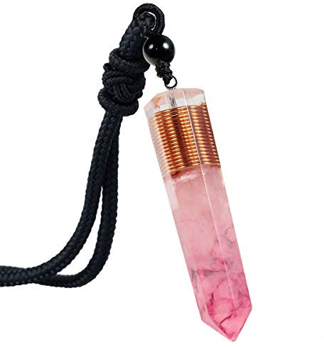 mookaitedecor Rose Quartz Crystal Point Pendent Necklace for Women Men, Resin Healing Crystal Chip Necklace Pink Crystal Pendulum Necklace Hexagonal Semi Precious Stone Reiki Chakra Spiritual Gift