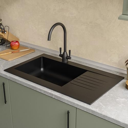 Essence Amelia BeBa_26200 Black Undermount and Inset Granite Fibertek Composite 1 Bowl Kitchen Sink - 860 x 500mm
