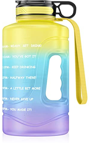 Botella de agua motivacional con marcas de tiempo y pajita, 2,2 litros de medio galón grande jarra de agua deportiva con asa, sin BPA, botellas de agua a prueba de fugas