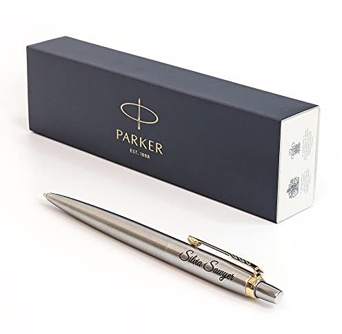 Personalised Engraved Pen made with Parker Jotter SS + Gift Box | Customised Present for Men Woman | Golden Trim - black ink