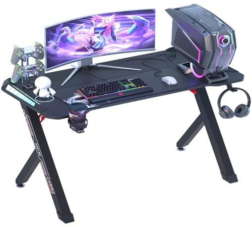 FATIVO Scrivania Gaming Postazione 100cm: con Led RGB Gaming Table Scrivania PC Gaming con Portabicchieri e Gancio per Cuffie