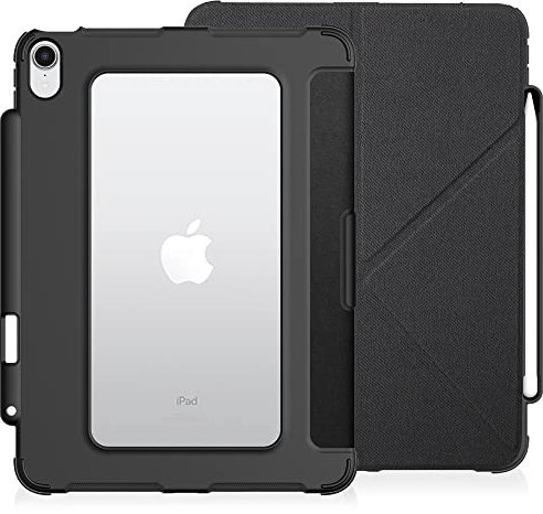 KHOMO Hybrid Slim Case für iPad Air 5. Generation (2022) / iPad Air 4. Generation (2020) 10,9 Zoll – [Eingebauter Stifthalter] Cover mit transparenter transparenter Rückschale – Schwarz