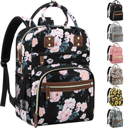 Wickeltasche, Rucksack, Tragetasche für Damen, großes Fassungsvermögen, Babytasche mit isolierten Taschen, multifunktionale Wickeltaschen, Schwarz/Rosa mit Blumenmuster, 11.5L x 6.0W x 16.0H,
