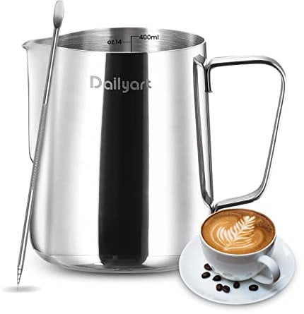 Dailyart Milk jug 13.5oz/400ml Milk Frothing jug Food Grade 304 Stainless Steel Coffee Milk jug, Barista Accessories, Milk Pitcher with Latte Decorating Art Penfor Making Latte Coffee Art, Cappuccino
