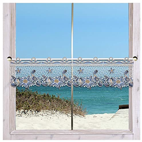 Maritime Feenhaus-Scheibengardine Seesterne und Muscheln Blau Vogtländische Spitze | Meeres-Träumerei für Ihre Fenster in Bad, Küche, Gästewohnung | hochwertig gestickte Spitzenkante HxB 20 x 74 cm