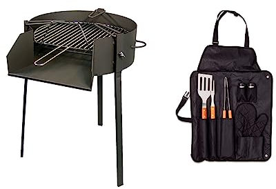 Deliex delicias de Extremadura. Barbacoa de carbón con soporte para paella y set de utensilios barbacoas, regalos originales para hombres o mujeres. (1 BARBACOA 1 SET)