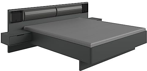 Lomadox Schlafzimmer Bett Doppelbett 160x200cm mit Polsterkopfteil und beleuchteten Nachtschränken inkl. Schublade in Graphit, B/H/T ca. 269/92/210 cm