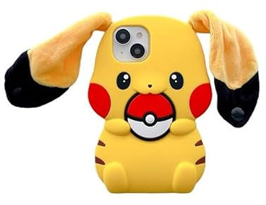 Ultra Thick Big Silicone Case with Plush Ears Strap for Apple iPhone 12 Pro Max Bright Yellow 3D Cartoon Anime Game Cute Lovely Adorable Unique Fun Funny Cool Unisex Kids Girls Boys