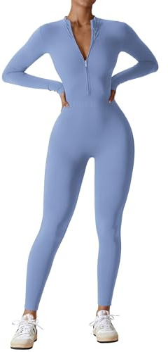 YEOREO Women Workout Jumpsuit Zip Up Romper Bottom Pants Long Sleeve Bodysuit Bodycon Sexy One Piece