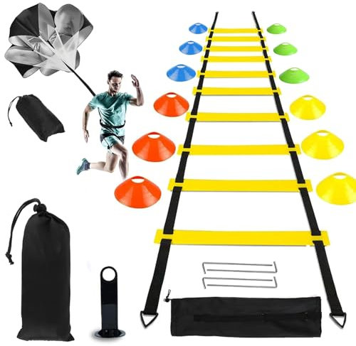 ZTWLEED Kit Allenamento Calcio,Scaletta Calcio 6M con 4 Chiodo da Terra,40 Cinesini per Allenamento Calcio Paracadute e Sacca di Stoccaggio,Kit Calcio Ostacoli Kit Allenamento Calcio Accessori