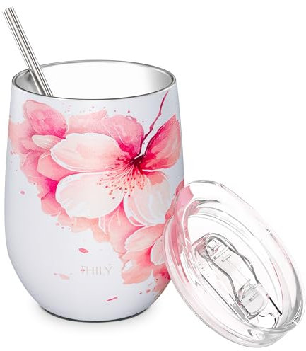 THILY Stainless Steel Insulated Wine Tumbler Stemless Wine Glass with Lid and Straw, Splash-Proof, Cute Travel Cup for Coffee, Cocktails, for Women, Mother, Wife, Girls, Cherry Blossoms