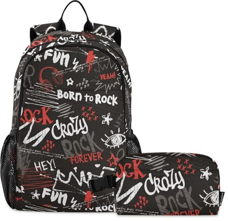 linqin ROCKSTAR Rucksack für die Schule mit Lunchtasche Junge Schulrucksack mit Brotdose Jungen Schultaschen 10-12