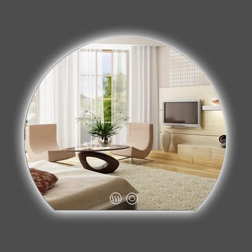 Halbrunder Beleuchteter Spiegel, Badezimmerspiegel Mit Antibeschlag, 3-Farben-Beleuchtung, Moderner Rahmenloser Wandspiegel, Intelligenter Schminkspiegel, 3 Aufhängemöglichkeiten ( Color : Down cut-A