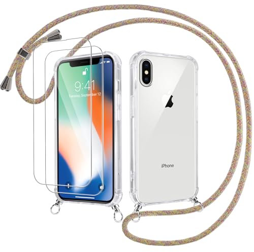 Votvloay Coque Cordon pour iPhone X/iPhone XS 5,8 avec 2 Pièces Verre Trempé, Transparent Étui Réglable Laniere Collier Corde Case, Mince TPU Souple Silicone Housse Antichoc Anti-Rayures Cover, Jaune