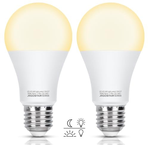 Aigostar LED Lampe E27 mit Tageslichtsensor, Lichtsensor Glühbirne 12W, Glühbirne mit Dämmerungssensor, Warmweiß 3000K, 1170 Lm, Automatische On/Off LED Glühbirne für Korridor Garage Garten, 2 Stück