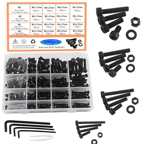 HVDHYY Bulloni e Dadi M3 M4 M5 M6 Bulloni Viti Neri Assortimento Kit Acciaio al Carbonio Rondelle Dadi Viti a Esagono Incassato con Scatola di Immagazzinaggio Dotato di 4 Chiavi 500pcs