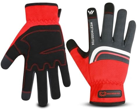 WESTWOOD FOX Gartenhandschuhe aus Leder,robuste Arbeitshandschuhe für Damen und Herren, Gartenwerkzeuge, Mechaniker, atmungsaktiv, Gärtner, rutschfeste Rigger-Handschuhe (Schwarz-Rot, M)