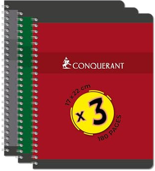 Conquérant Lot de 3 Cahiers 17x22 180 Pages 70g Seyès Reliure Intégrale Couverture Carte Couleurs Assorties
