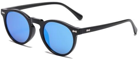 LJCZKA Lunettes de soleil polarisées rondes rétro pour homme et femme, lunettes de soleil polarisées vintage classiques tendance, protection UV400, Noir/bleu (miroir)