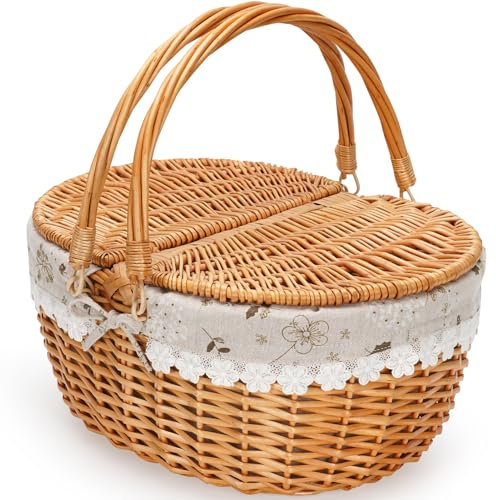 Panier de pique-nique en osier avec doublure amovible, panier de pique-nique vide avec couvercle, panier de pique-nique de style vintage avec poignée tissée pliable pour pique-nique, camping