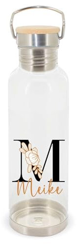 die stadtmeister Trinkflasche aus Tritan 850 ml mit Wunschname/transparent (Monogramm mit Blume)