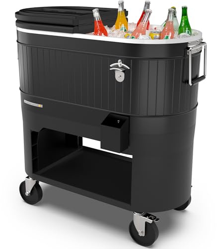 Permasteel 120 Qt Rolling Ice Chest, tragbarer Patio Party Bar Getränkekühler Wagen mit Rädern, Getränke-Trennwänden – perfekt für Unterhaltung im Freien oder drinnen, und Partys, Schwarz