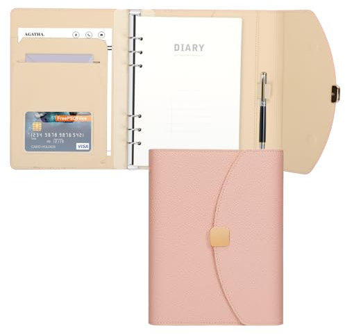 PU Leder A5 Binder Notizbuch,6 Ring Budget Binder Journal Planer mit nachfüllbaren gefütterten losen Blatt Papier 100 Blätter/200 Seiten,Rosa