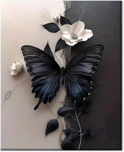 Gutluz CD157 Kit de peinture par numéros, pour adultes, motif papillon, avec toile et pinceaux, 40 x 50 cm