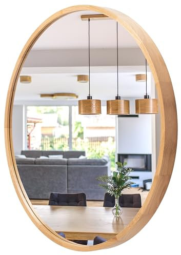 STOLARNIA PIKA Wandspiegel mit Holzrahmen (∅80 cm) - Spiegel Rund Holz Eiche - Runder Bad Spiegel für Badezimmer, Flur, Wohnzimmer, Schlafzimmer - Stilvoller Badspiegel LEJA