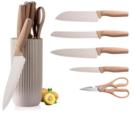 Kitchen Knife Set, 6-Piece Khaki Stainless Steel Kitchen Knife Block Set, Professional Knife Set with Sharp Blades & Ergonomic Handles, Perfect Holiday Gifts for Kitchen (Khaki)