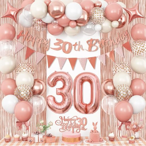 30th Birthday Decorations for Women, Retro Pink Rose Gold 30th Birthday Balloons with Glitter Happy 30th Birthday Banner Number 30 Balloons Fringe Curtain Cake Toppers for Wife Mom 30 Birthday Party