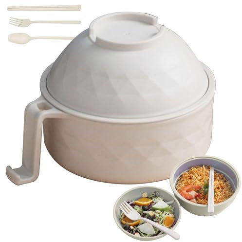 GOMETY Bol de Nouilles Instantanées: 1 Pièce à Trois Couches, Bol Ramen avec Couvercle, Bol Japonais avec Baguettes, Bol Instantané Étanche pour Nourriture (Beige)