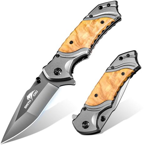 SMITH CHU Taschenmesser Klappmesser - Outdoor Messer mit Holzgriff, EDC Messer, Jagdmesser & Survival Messer für Abenteuer, Camping & Alltag