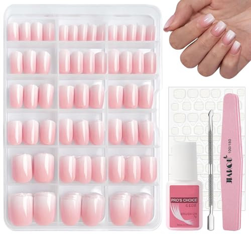 240Pcs Ombre Press on Nails Set, Natural Gradient Pink False Nails Kit, Acrylic Square Fake Nails Pink Tips, 12 Sizes Glossy Full Cover Stick on Nail with Glue for Women Girls Nails Art