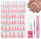 240Pcs Ombre Press on Nails Set, Natural Gradient Pink False Nails Kit, Acrylic Square Fake Nails Pink Tips, 12 Sizes Glossy Full Cover Stick on Nail with Glue for Women Girls Nails Art