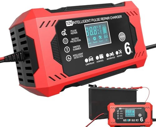 12-V-Batteriewartungsgerät, intelligentes Autobatterieladegerät | 6A Automatischer Batterie-Desulfator | Tragbarer Batterie-Desulfator mit LCD-Display für Auto-Motorrad-Rasenmäher